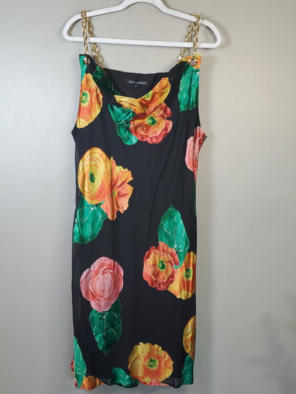 Boston Proper Bold Floral, Gold Chain-Strap Black Slip Dress. Large